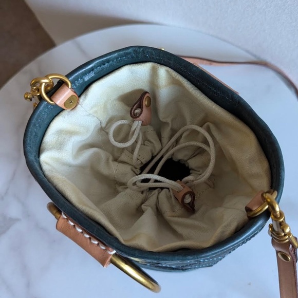 blue green leather diamond patch drawstring bucket handbag or crossbody - Picture 5 of 6